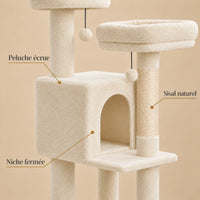 Détails de la peluche écrue, du sisal naturel et de la niche fermée de l’arbre à chat Primrose