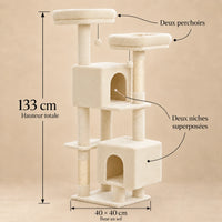 Dimensions de l’arbre à chat Primrose beige : hauteur totale 133 cm et base 40 × 40 cm
