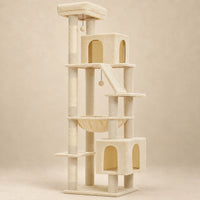 Arbre à chat Barley beige XXL de 180 cm avec deux niches et hamac sur fond beige