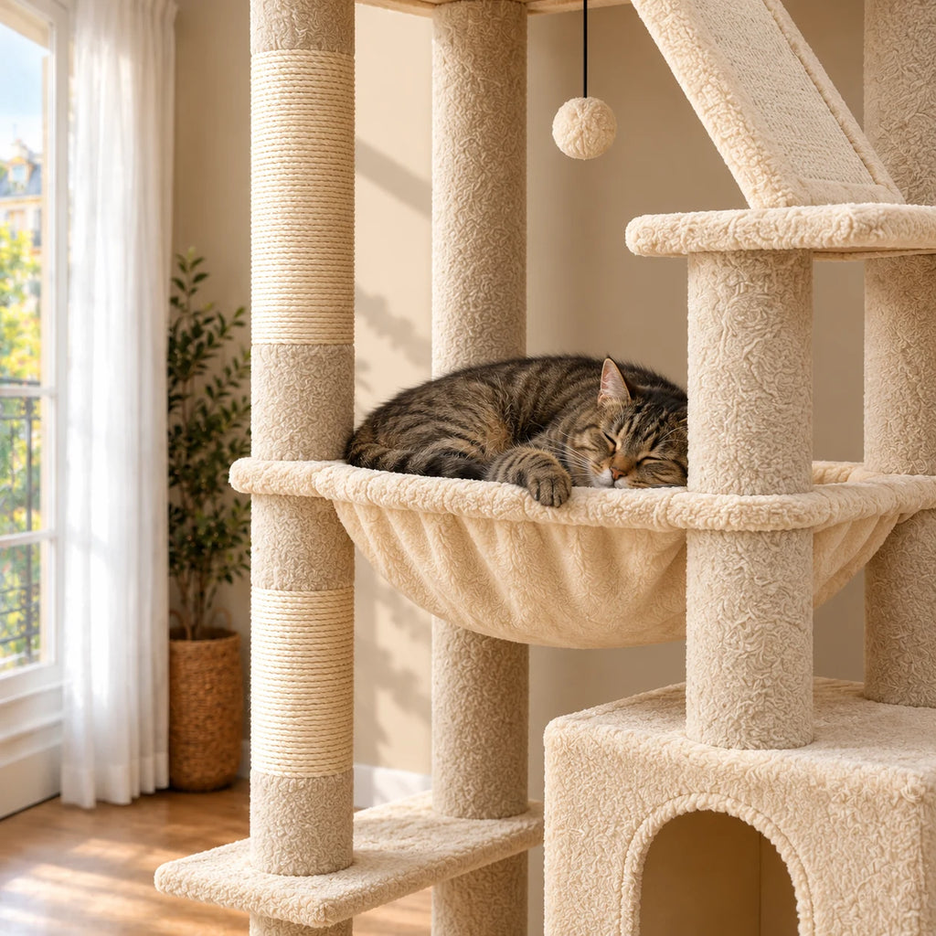 Chat tigré endormi dans le grand hamac beige de l’arbre à chat Barley