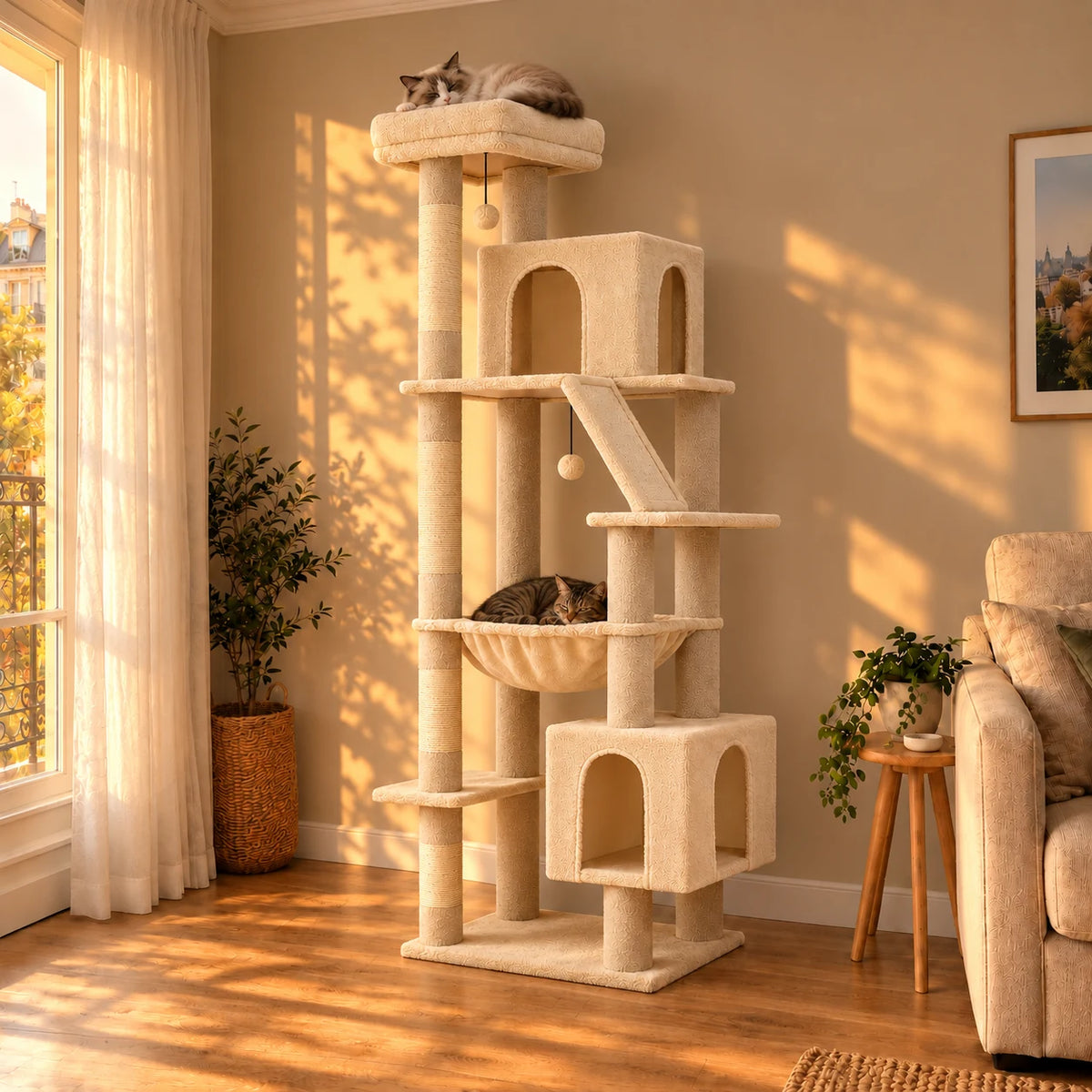 Arbre à chat Barley beige de 180 cm dans le salon au coucher du soleil avec deux chats endormis