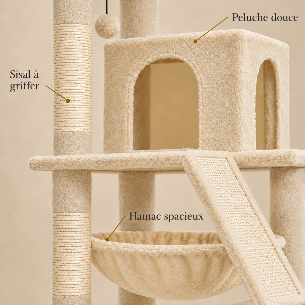 Détails de la peluche beige, du sisal et du hamac de l’arbre à chat Barley