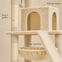Détails de la peluche beige, du sisal et du hamac de l’arbre à chat Barley
