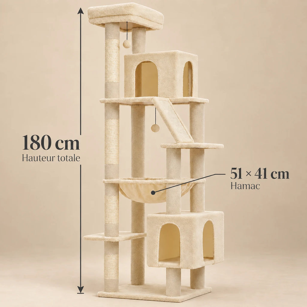 Dimensions de l’arbre à chat Barley beige : hauteur de 180 cm et hamac de 51 × 41 cm