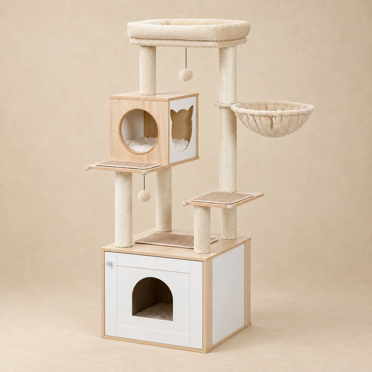 Arbre à chat Nuage beige et blanc de 144 cm, vue entière avec hamac en tissu