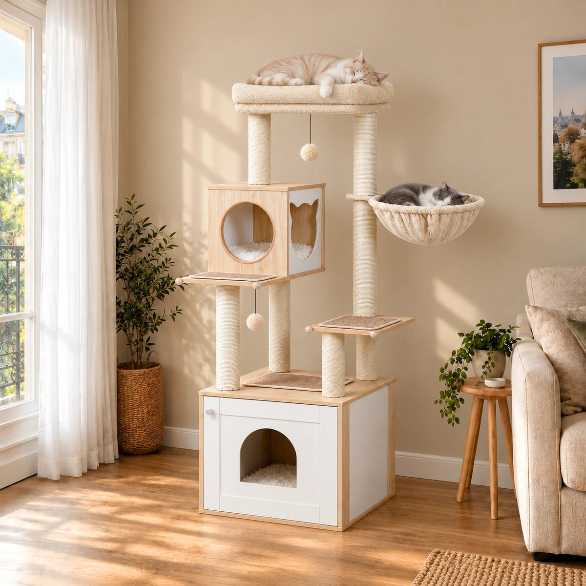 Arbre à chat Nuage beige et blanc dans un salon avec deux chats endormis