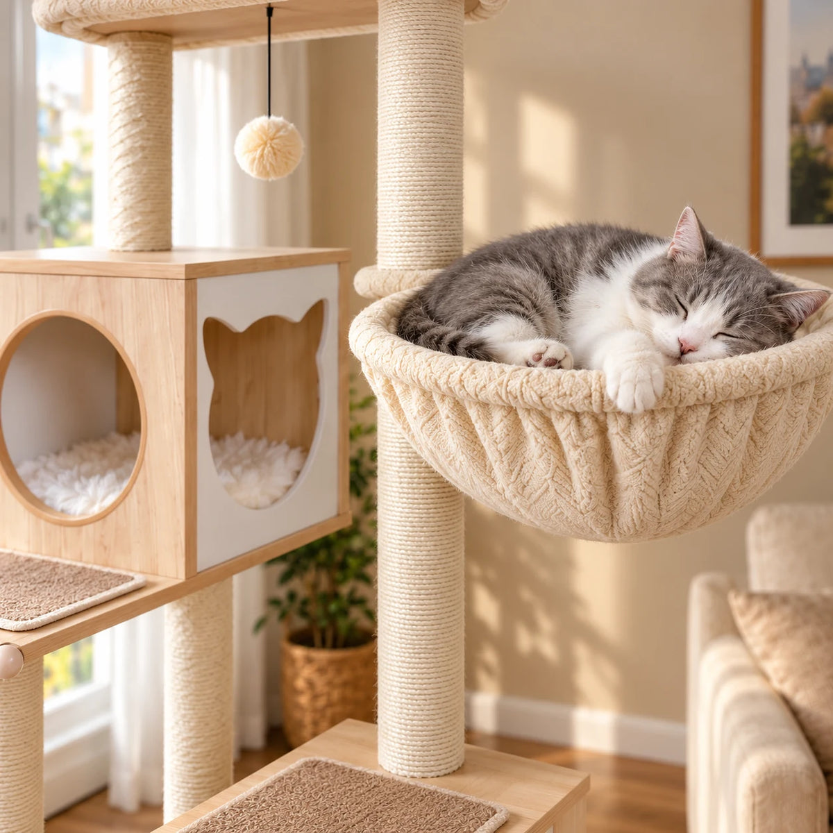 Chat gris endormi dans le hamac en tissu crème de l'arbre à chat Nuage