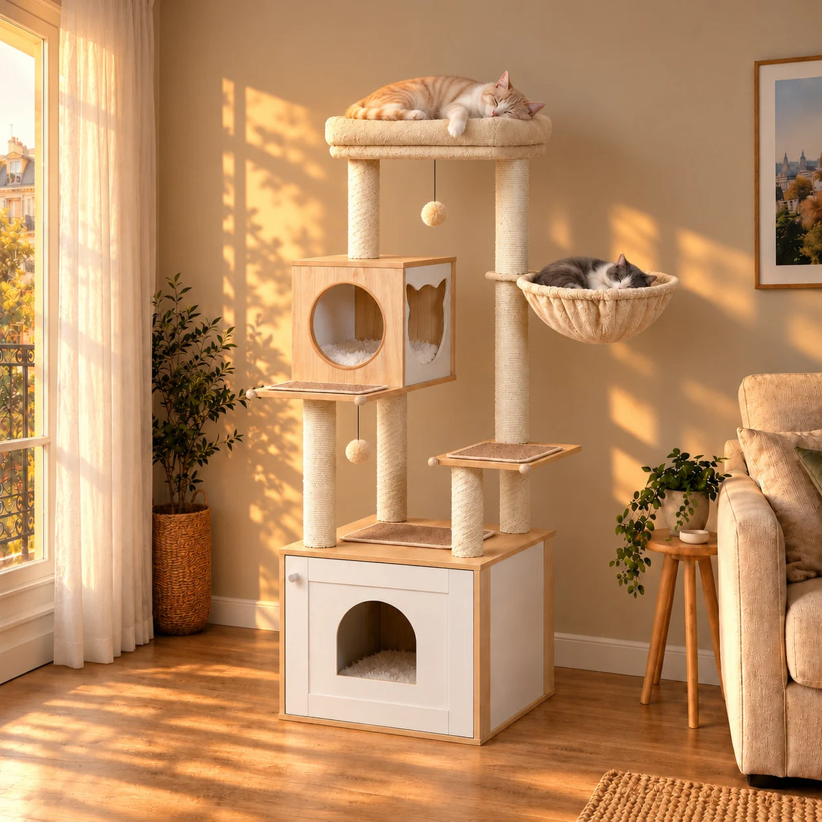 Arbre à chat Nuage dans un salon au coucher du soleil avec deux chats endormis