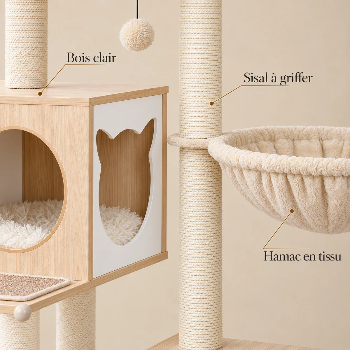 Détails de Nuage : niche en bois clair, poteau en sisal et hamac en tissu crème