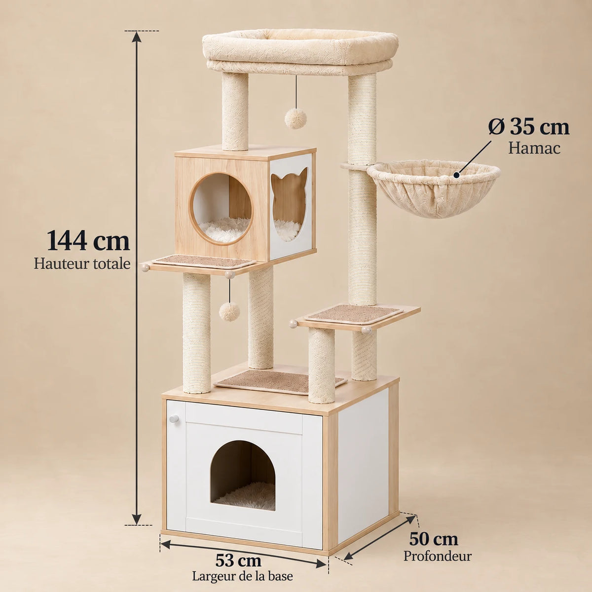 Dimensions de Nuage : 144 cm de haut, base de 53 × 50 cm et hamac de 35 cm de diamètre