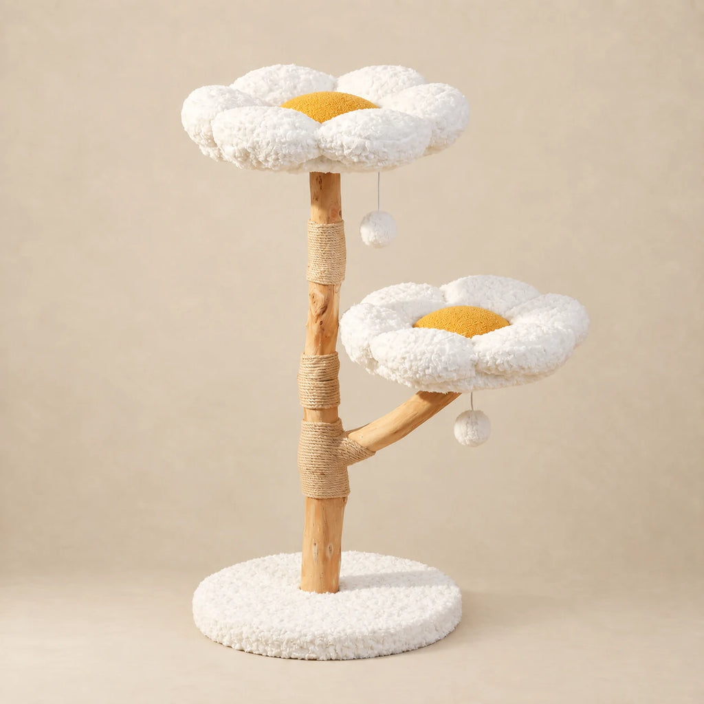 Arbre à chat Willow en bois naturel et peluche blanche de 94 cm, vue complète sur fond beige