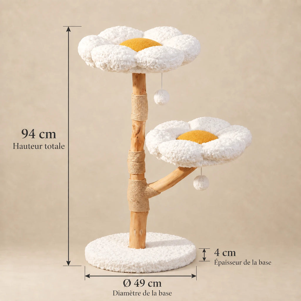Dimensions de l’arbre à chat Willow : hauteur 94 cm, base de 49 cm de diamètre et de 4 cm d’épaisseur