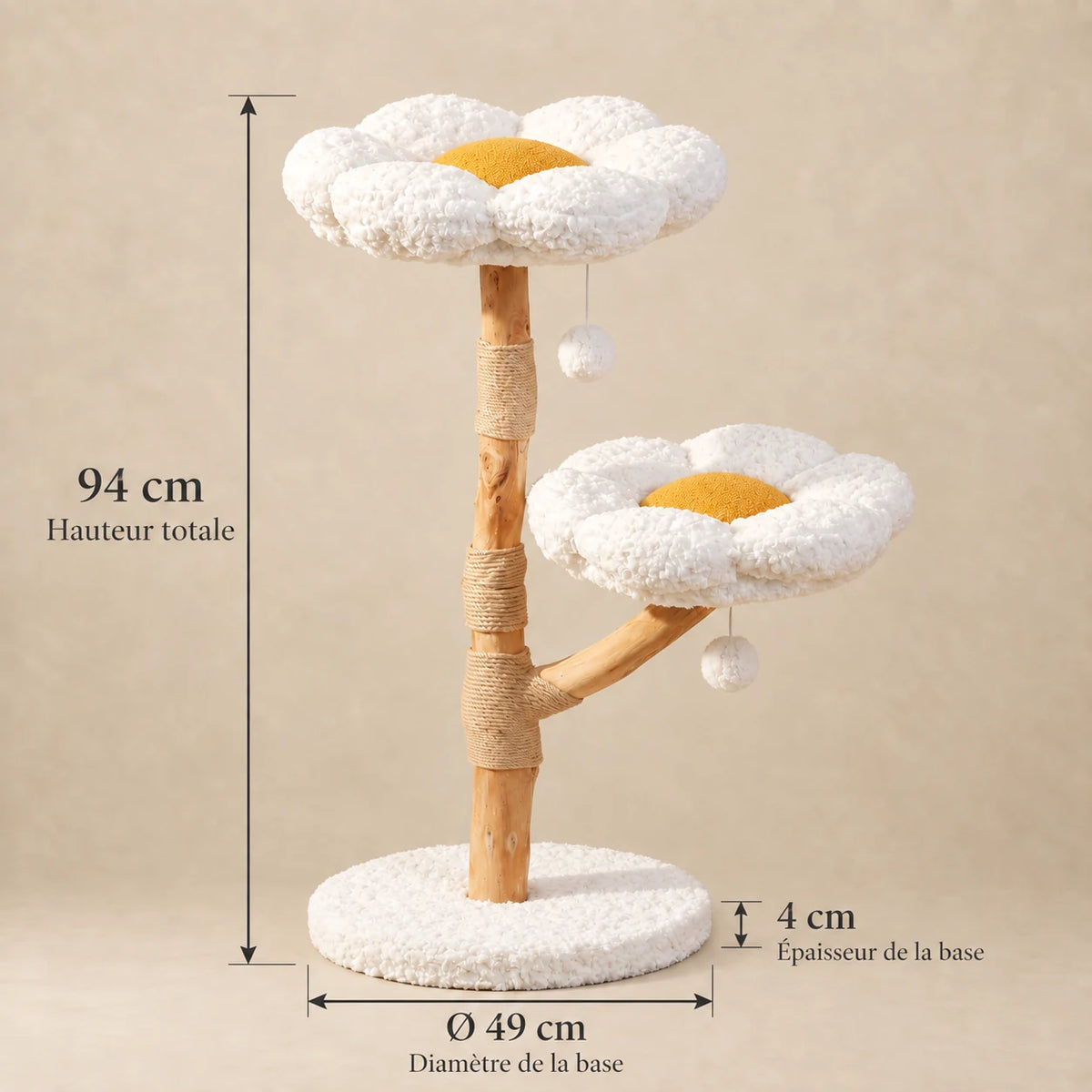 Dimensions de l’arbre à chat Willow : hauteur 94 cm, base de 49 cm de diamètre et de 4 cm d’épaisseur