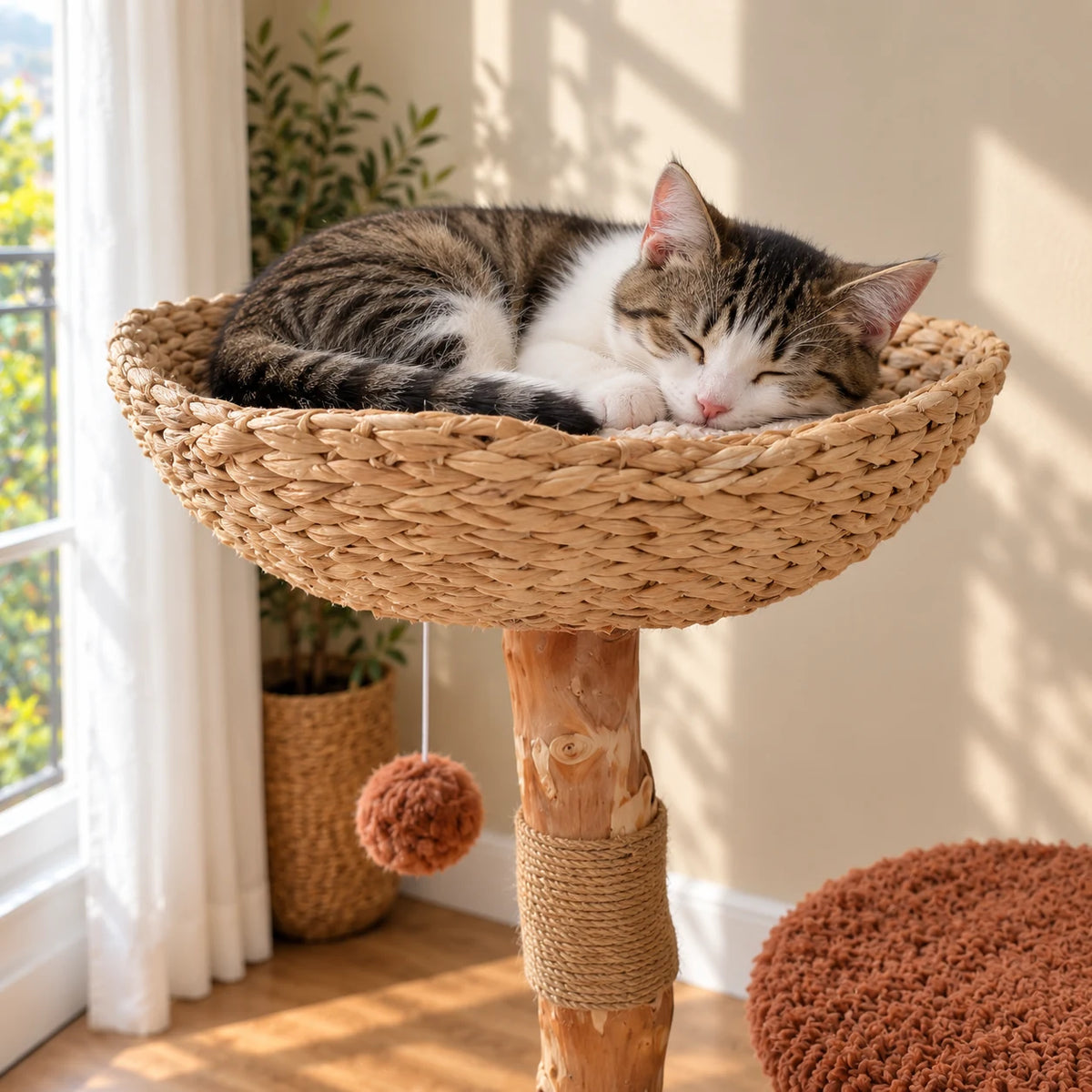 Gros plan d’un chat endormi dans le panier tressé de l’arbre à chat Hazel en bois naturel