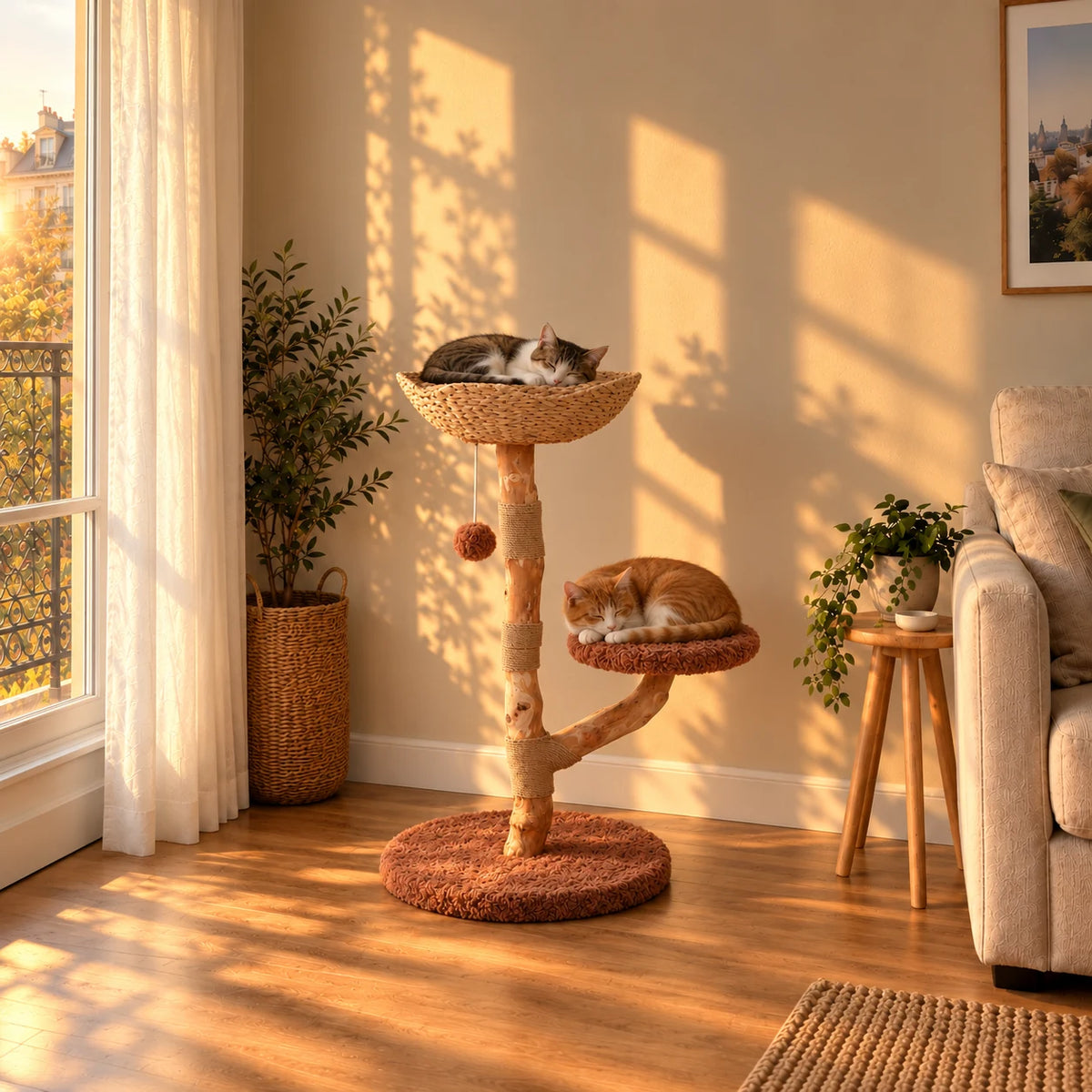 Arbre à chat Hazel en bois et brun dans un salon au coucher du soleil avec deux chats endormis