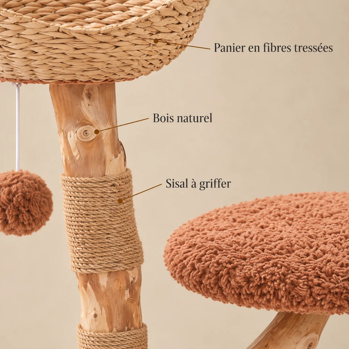 Détails du panier en fibres tressées, du tronc en bois naturel et des cordes de sisal de l’arbre à chat Hazel