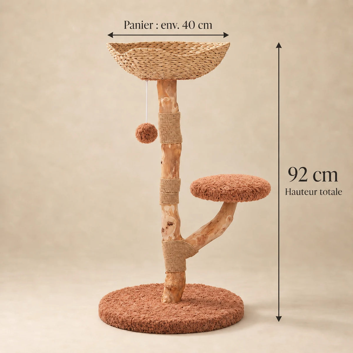 Dimensions de l’arbre à chat Hazel en bois brun : hauteur de 92 cm et panier d’environ 40 cm