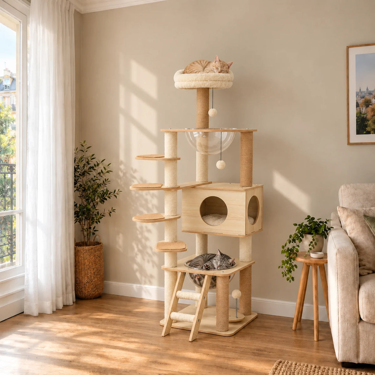 Arbre à chat Clairière dans un salon avec deux chats endormis sur le perchoir et dans une coupelle