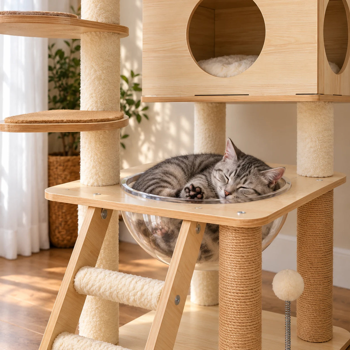Chat gris endormi dans la coupelle transparente inférieure de l'arbre à chat Clairière