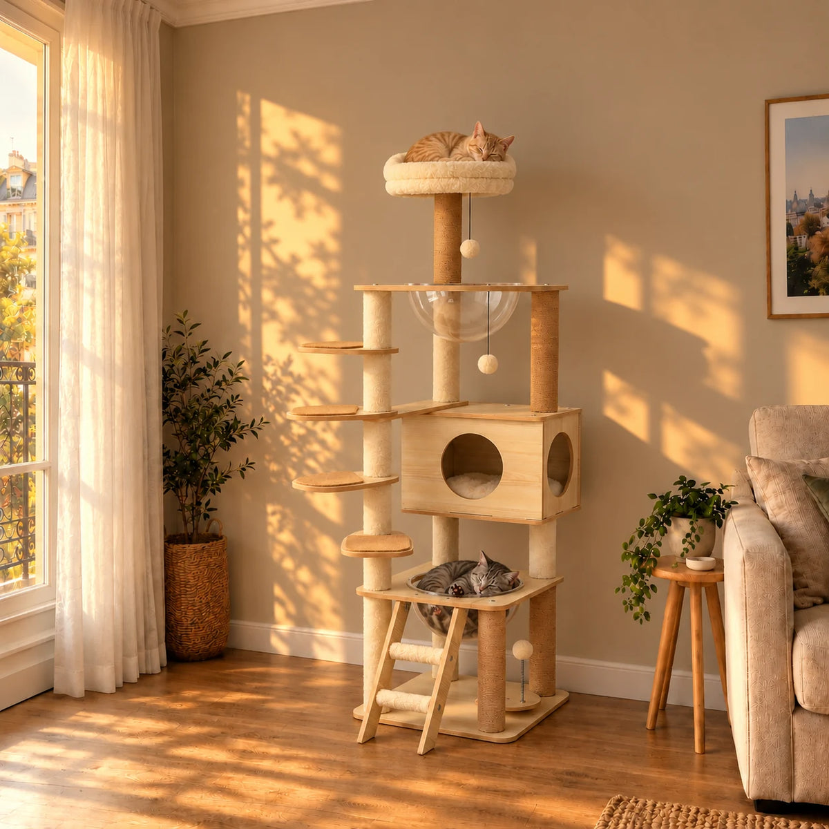 Arbre à chat Clairière dans le même salon au coucher du soleil avec deux chats endormis