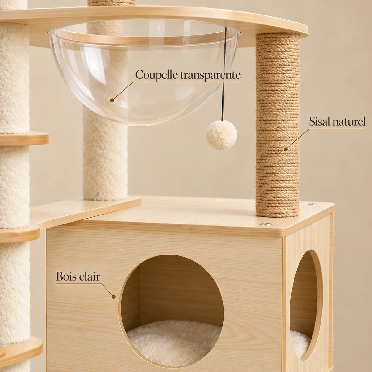 Détails de Clairière : bois clair, poteau en sisal naturel et coupelle transparente