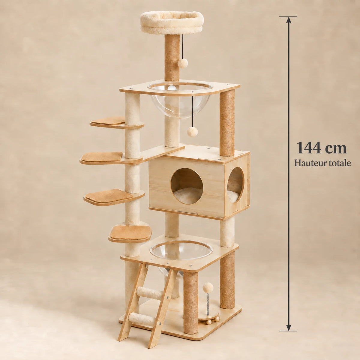 Hauteur totale vérifiée de l'arbre à chat Clairière en bois clair : 144 cm