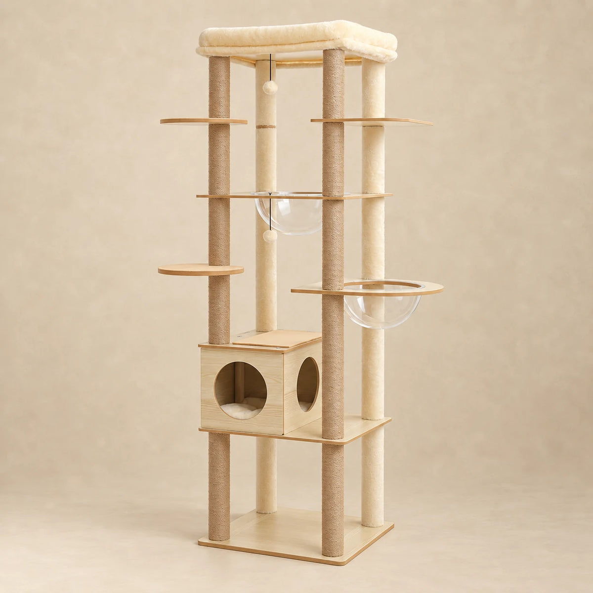 Arbre à chat Orée en bois clair de 144 cm, vue entière avec deux coupelles transparentes
