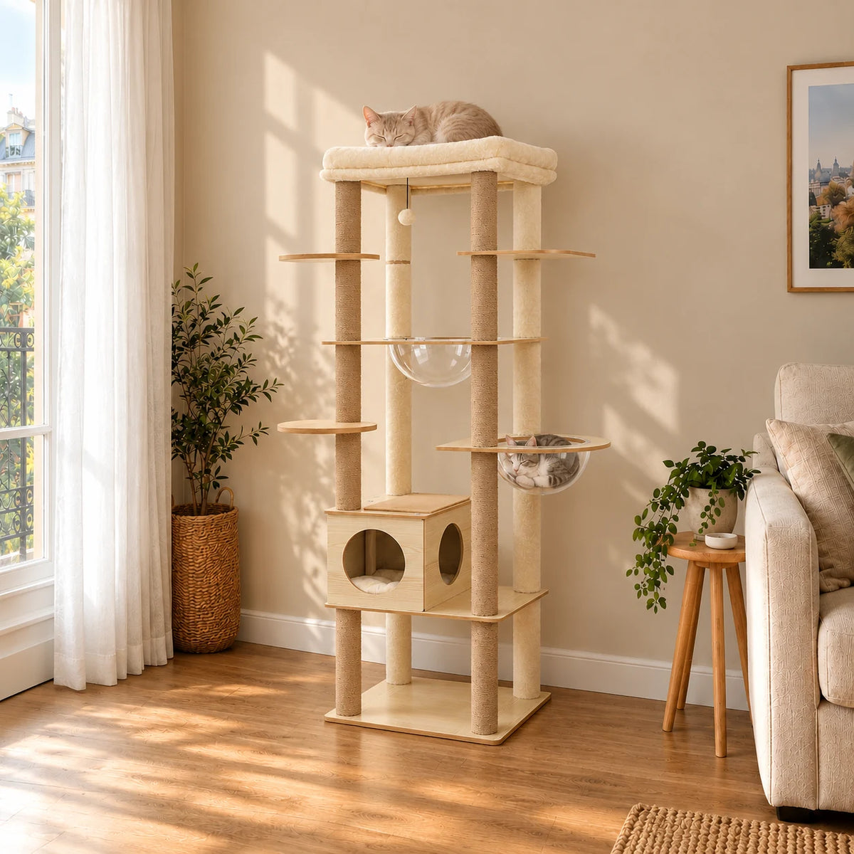 Arbre à chat Orée en bois clair dans un salon avec deux chats endormis
