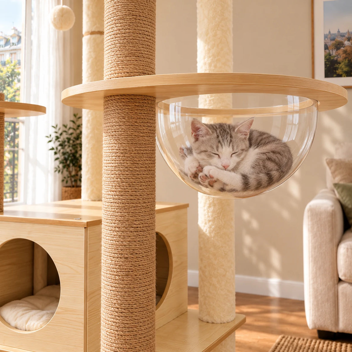 Chat gris endormi dans une coupelle transparente de l'arbre à chat Orée