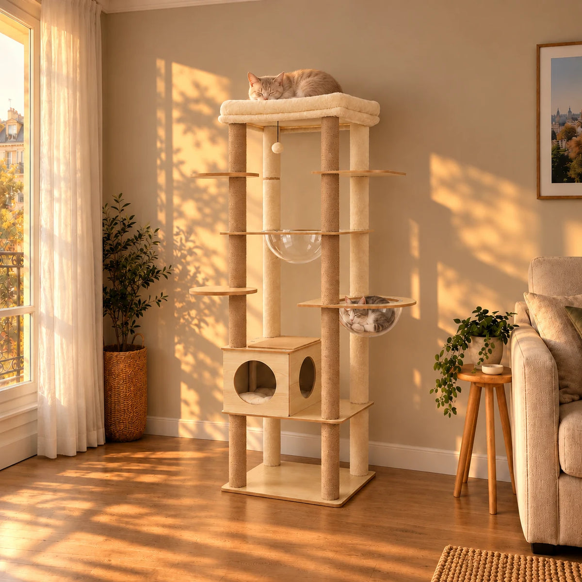 Arbre à chat Orée en bois clair au coucher du soleil avec deux chats endormis