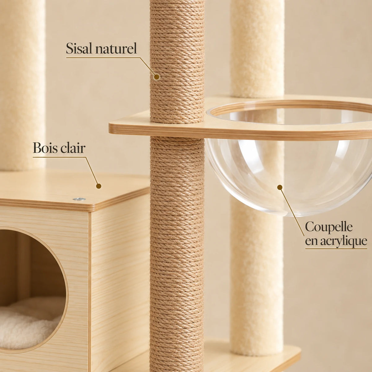Détails d'Orée : bois clair, poteau en sisal naturel et coupelle en acrylique