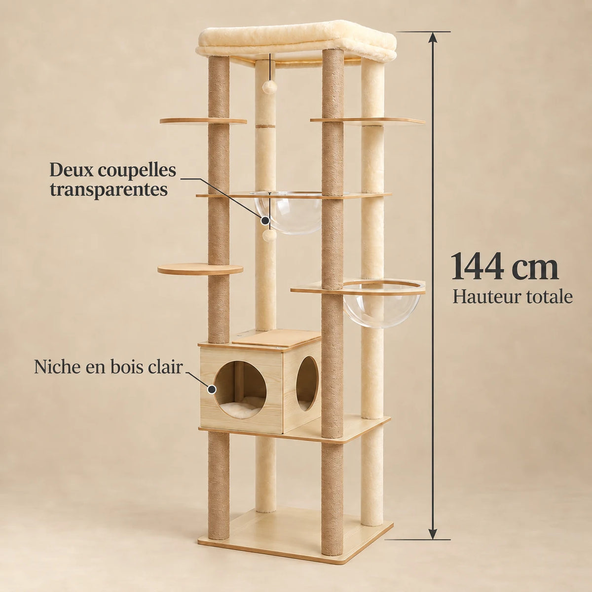 Dimensions d'Orée : hauteur totale de 144 cm, deux coupelles transparentes et niche en bois clair
