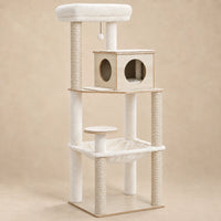 Arbre à chat Aspen bois clair et crème de 143 cm avec niche, hamac et lit haut sur fond beige