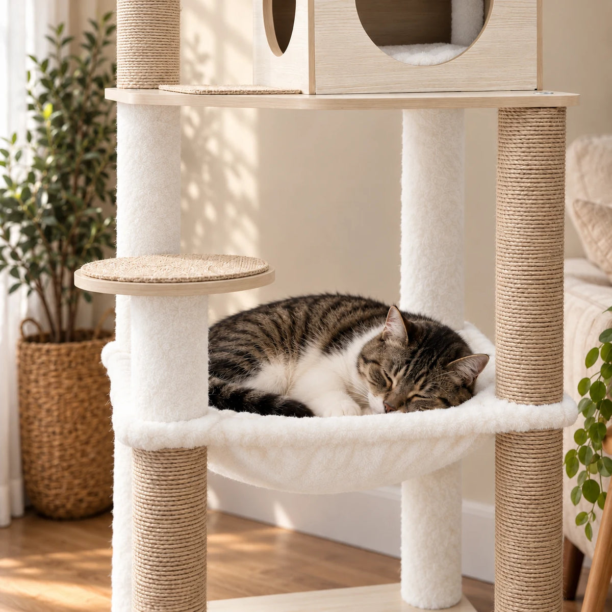 Chat endormi dans le hamac blanc crème de l’arbre à chat Aspen, détail du bois clair et du sisal
