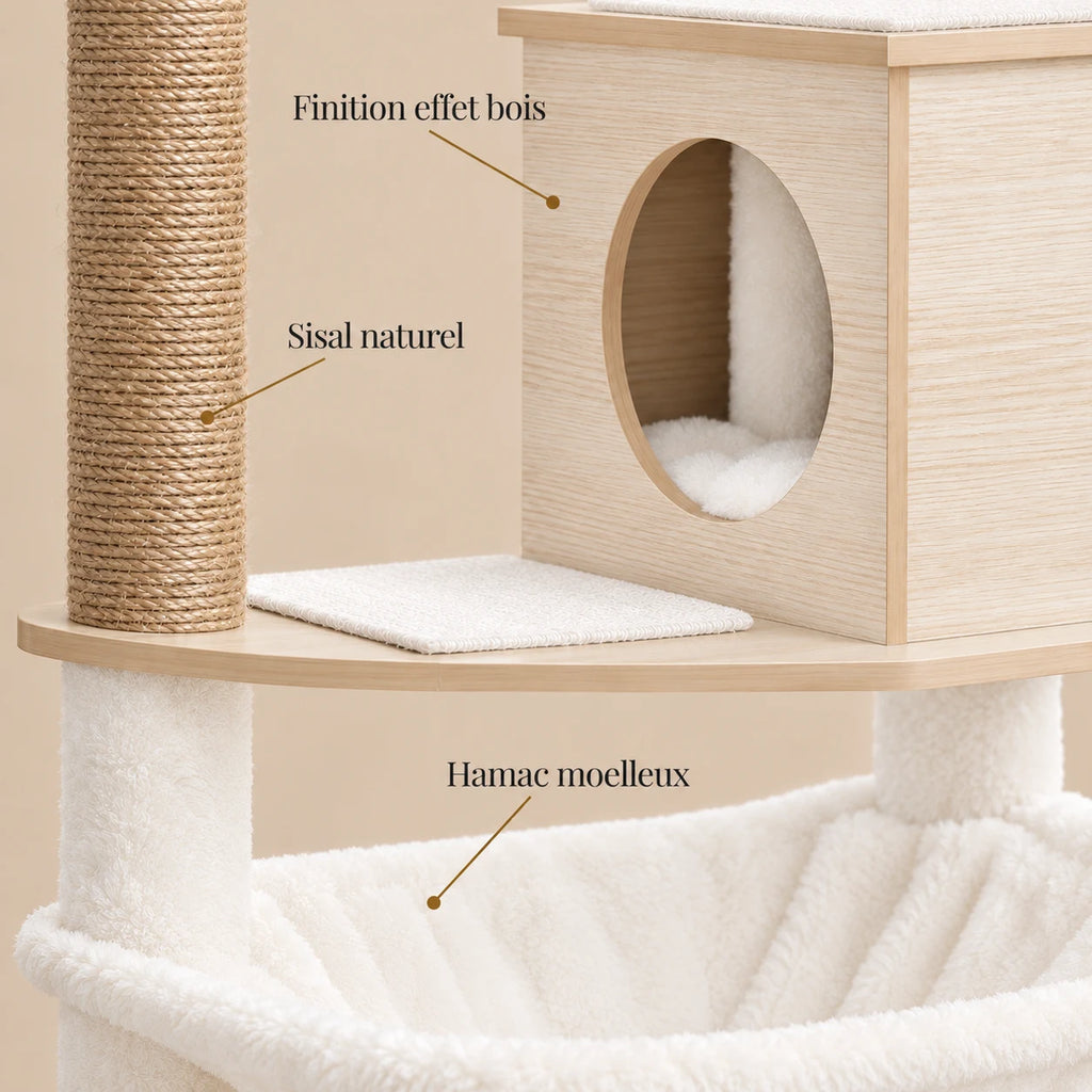 Détails de la niche effet bois, du sisal naturel et du hamac crème de l’arbre à chat Aspen