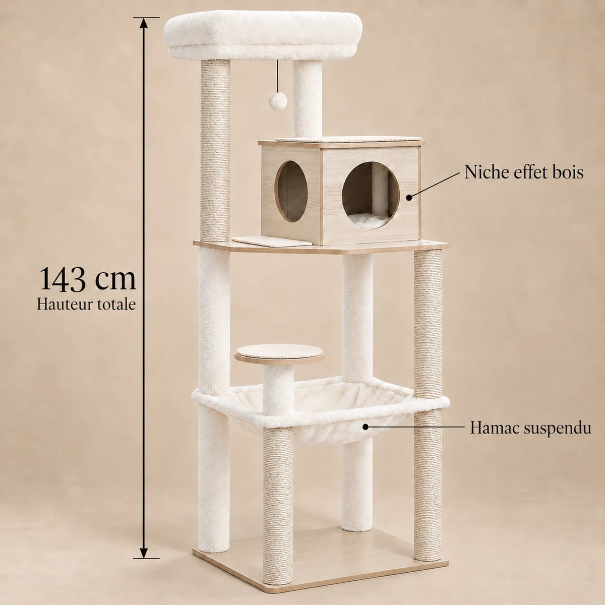 Dimensions de l’arbre à chat Aspen bois et crème : hauteur totale de 143 cm