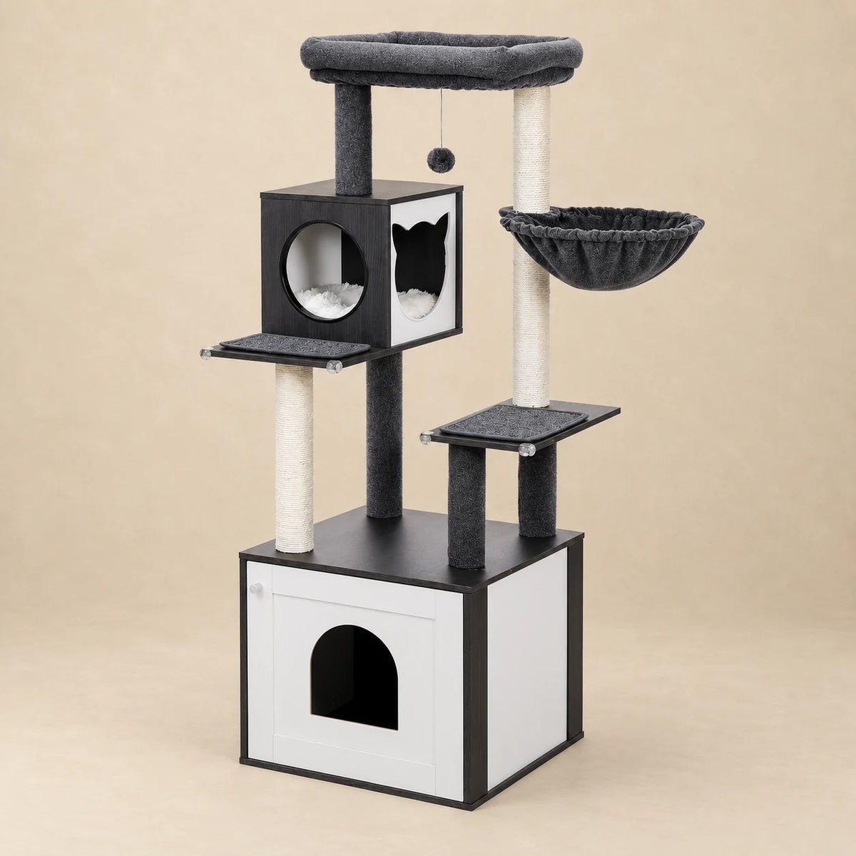 Arbre à chat Échiquier noir et blanc de 144 cm, vue entière sur fond beige