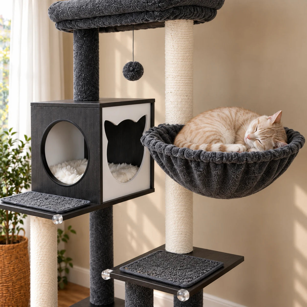 Chat crème endormi dans le hamac en tissu gris de l'arbre à chat Échiquier