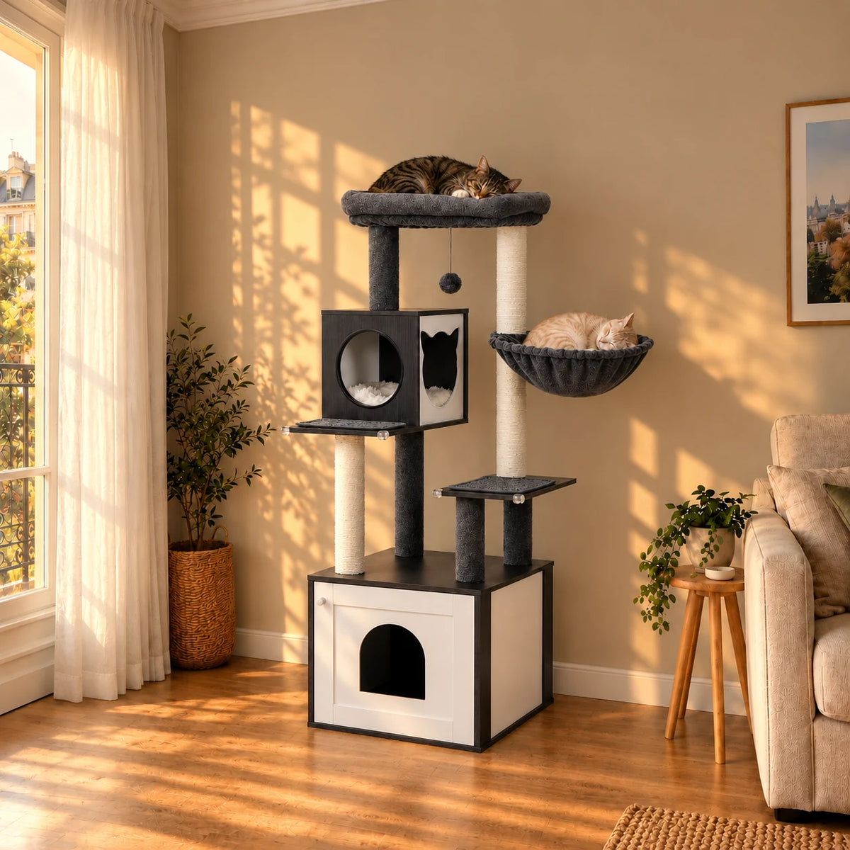 Arbre à chat Échiquier dans le même salon au coucher du soleil avec deux chats endormis