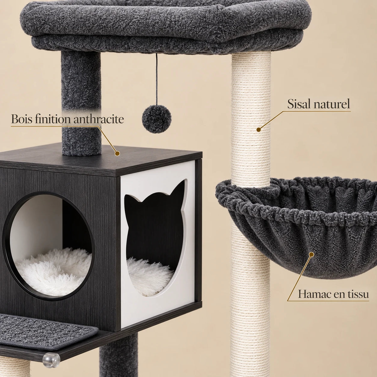Détails d'Échiquier : niche en bois anthracite, poteau en sisal et hamac en tissu gris