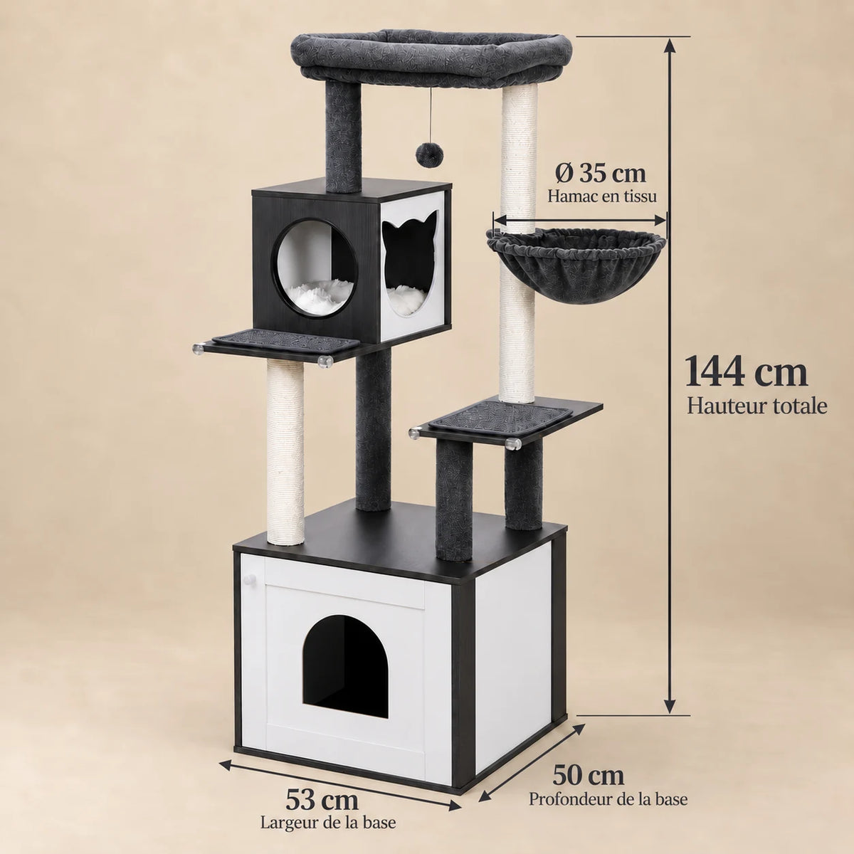 Dimensions d'Échiquier : 144 cm de haut, base de 53 × 50 cm et hamac de 35 cm de diamètre