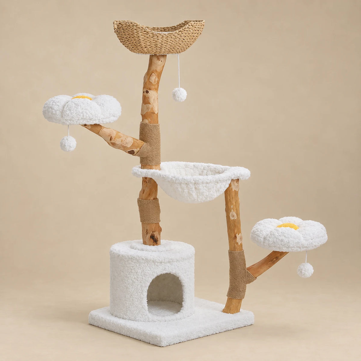 Arbre à chat Cumulus blanc de 150 cm avec branches en bois naturel, panier en rotin, hamac et niche