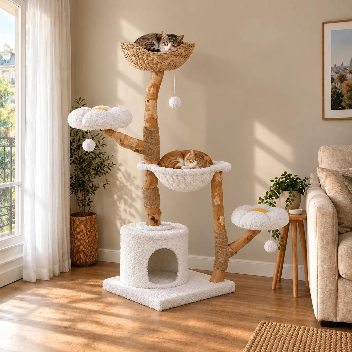 Arbre à chat Cumulus blanc et bois dans un salon avec deux chats endormis dans le panier en rotin et le hamac