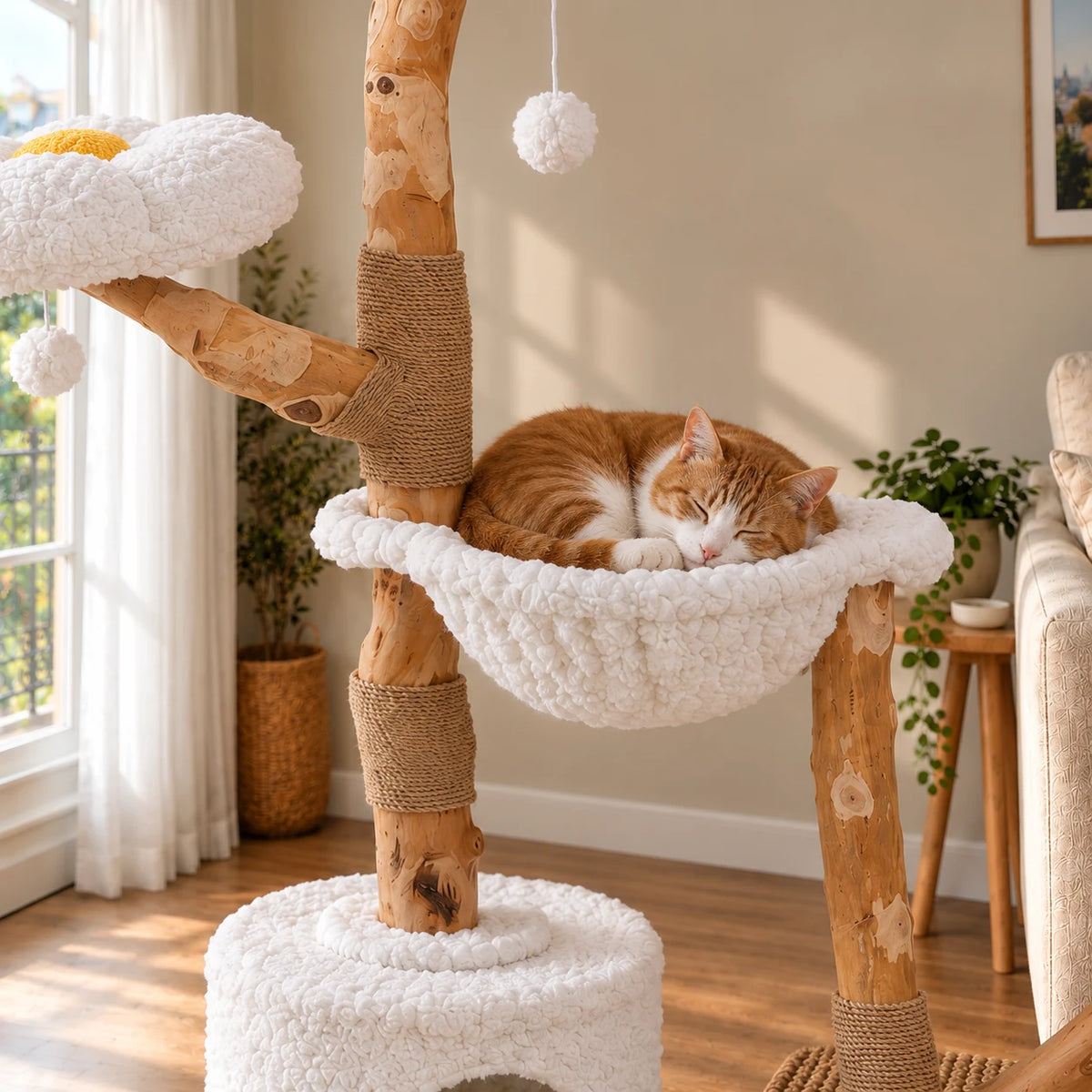 Chat roux et blanc endormi dans le hamac blanc de l’arbre à chat Cumulus en bois naturel