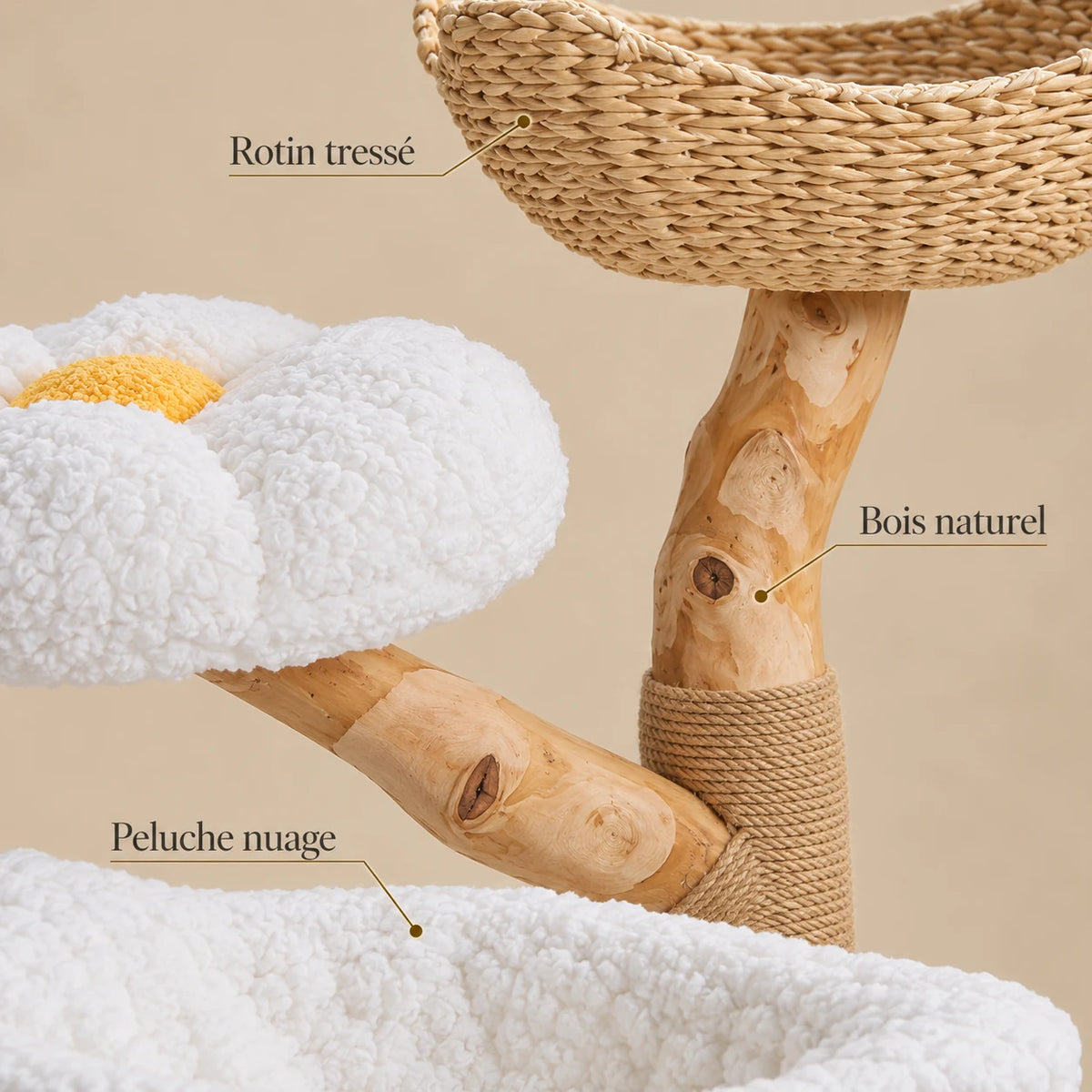 Détails du panier en rotin tressé, des branches en bois naturel et de la peluche blanche de l’arbre à chat Cumulus