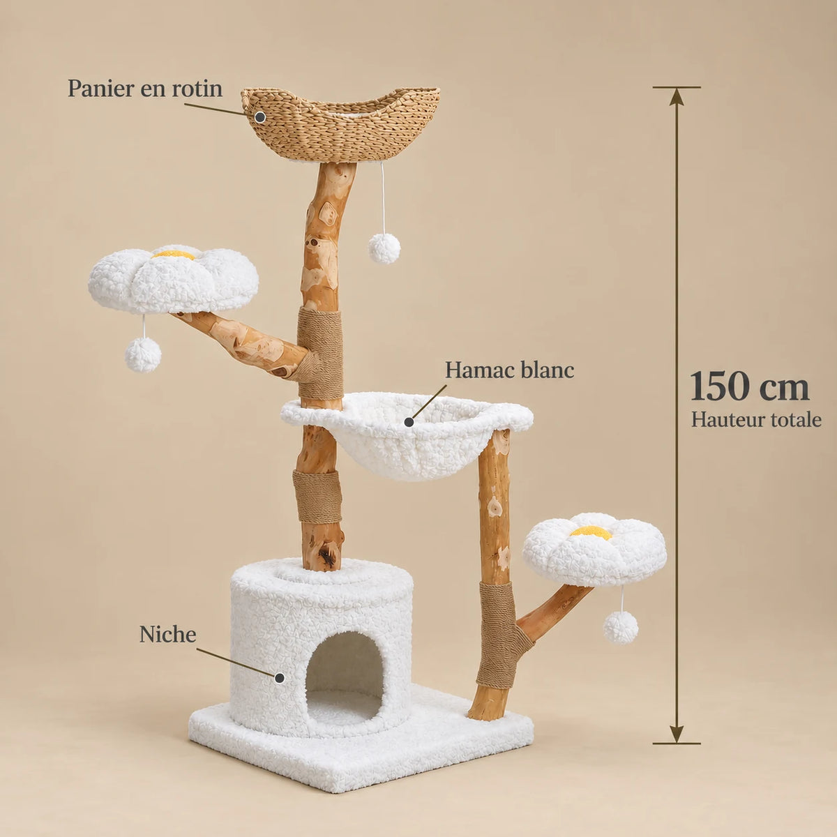 Dimensions de l’arbre à chat Cumulus blanc et bois naturel : hauteur totale de 150 cm