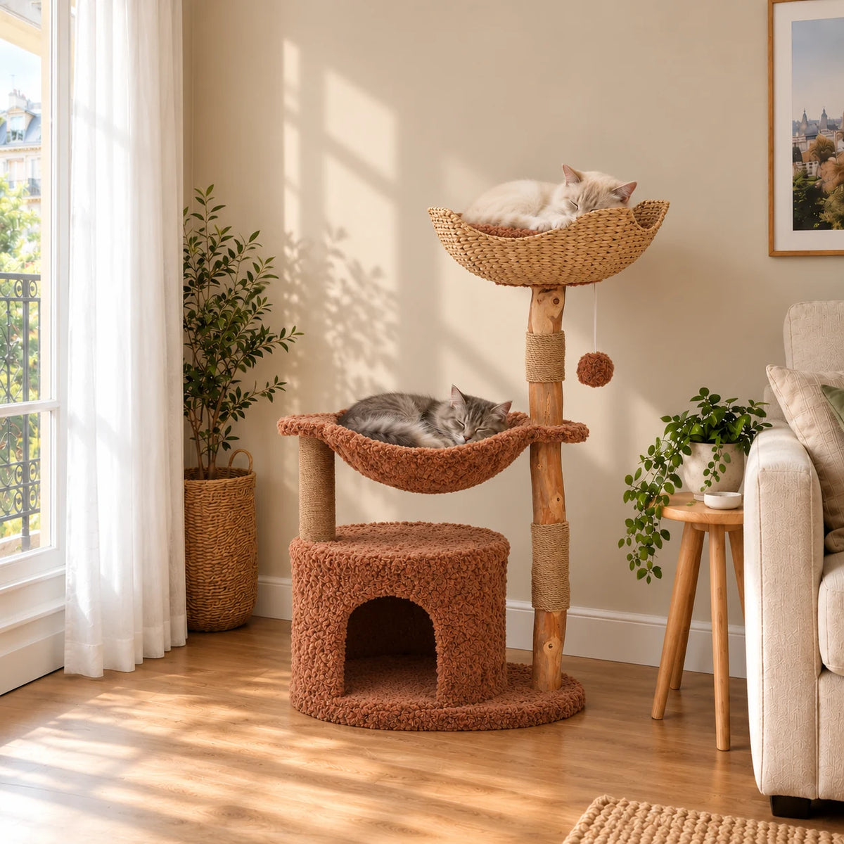 Arbre à chat Alder en bois et rotin dans un salon avec deux chats endormis dans le panier et le hamac