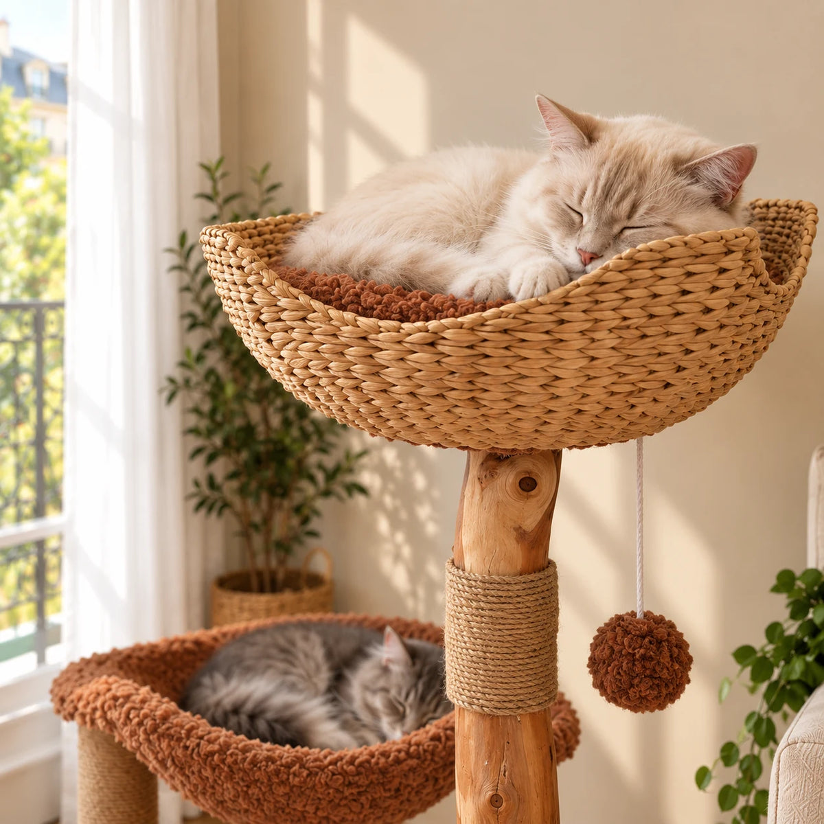Chat crème endormi dans le panier en rotin tressé de l’arbre à chat Alder