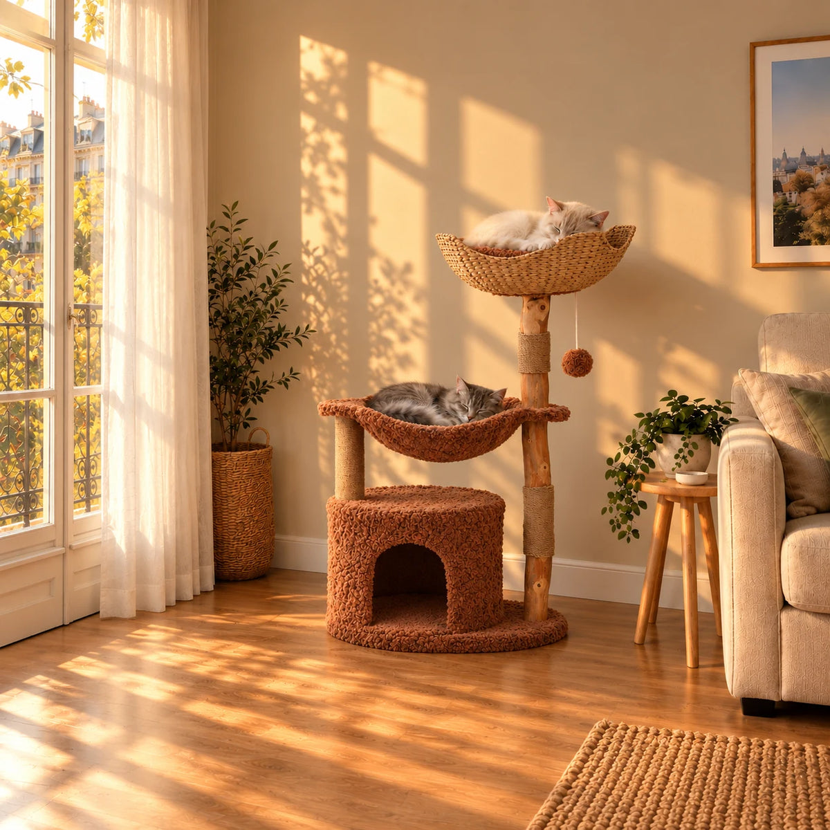 Arbre à chat Alder en bois et rotin dans un salon au coucher du soleil avec deux chats endormis