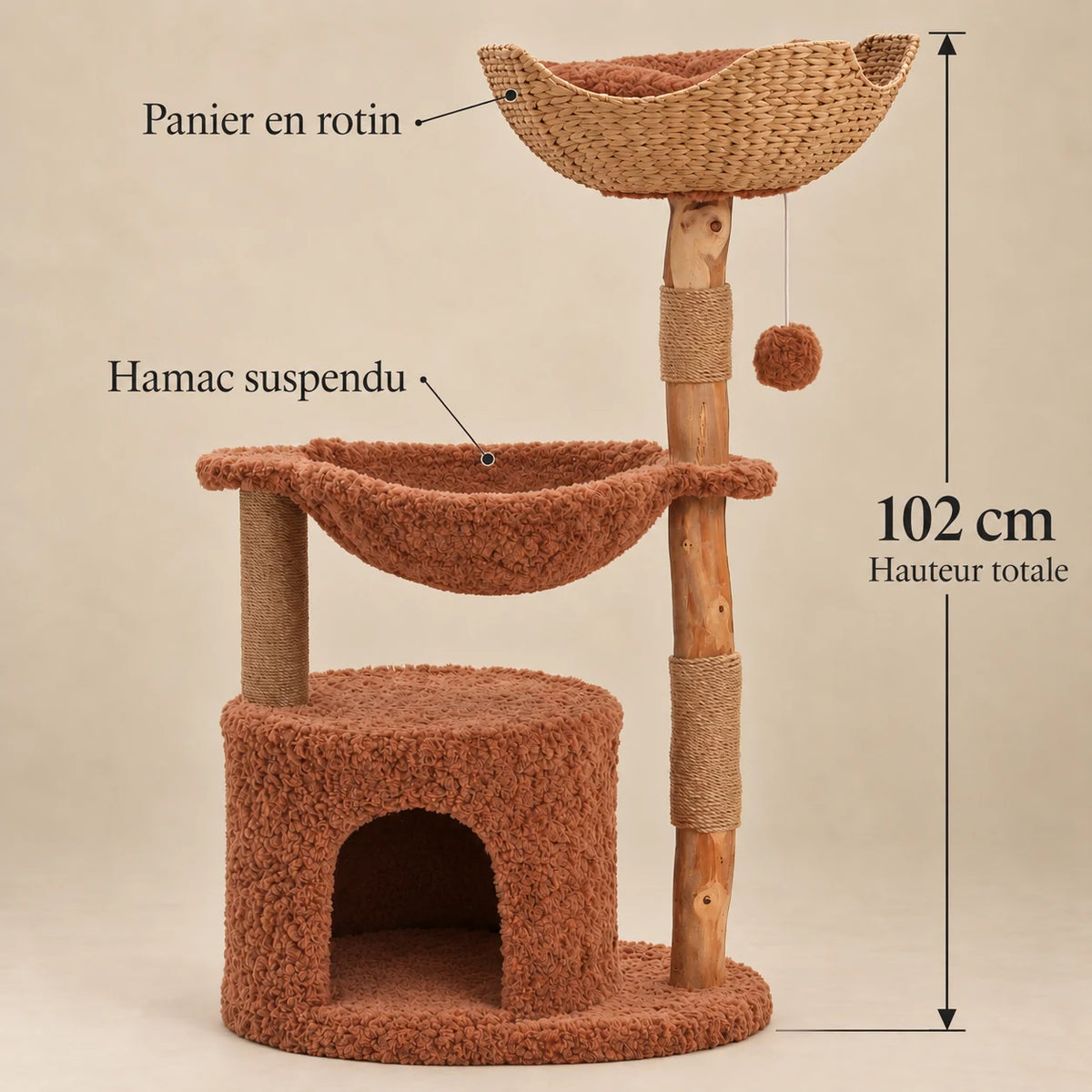 Dimensions de l’arbre à chat Alder en bois et rotin : hauteur totale de 102 cm
